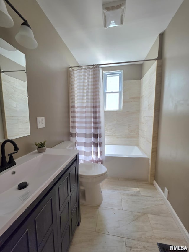 815 Washington St, Quincy, IL 62301 - bathroom featuring vanity, shower / bathtub combination with curtain, and marble look tile flooring