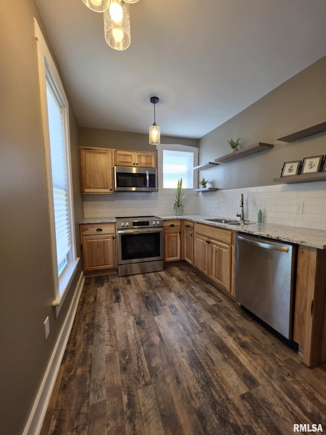 815 Washington St, Quincy, IL 62301 - kitchen featuring stainless steel appliances, open shelves, dark wood-type flooring, and backsplash
