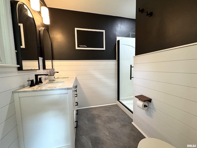 125 Pinehurst Dr, Springfield, IL 62704 - full bathroom featuring a shower stall, vanity, a wainscoted wall, and wood walls
