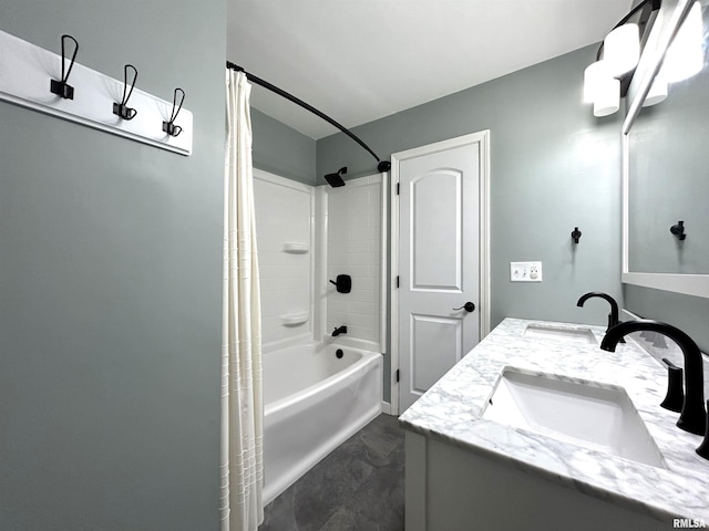 125 Pinehurst Dr, Springfield, IL 62704 - bathroom featuring shower / bath combo with shower curtain, double vanity, and marble finish flooring