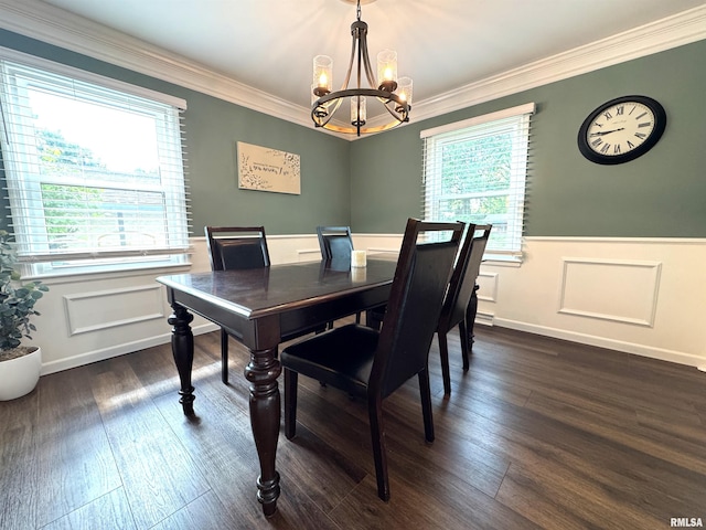 125 Pinehurst Dr, Springfield, IL 62704 - dining space featuring a chandelier, ornamental molding, a wainscoted wall, and dark wood finished floors