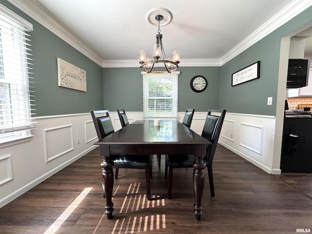 125 Pinehurst Dr, Springfield, IL 62704 - dining room featuring a chandelier, ornamental molding, dark wood finished floors, a wainscoted wall, and a decorative wall