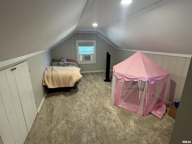 1637 Spruce St, Quincy, IL 62301 - bedroom with carpet floors, lofted ceiling, cooling unit, and wood walls