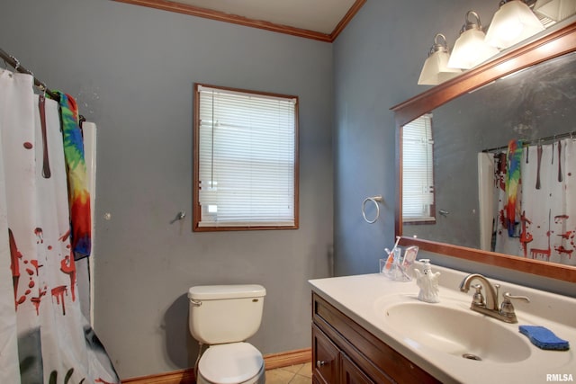 1412 Oak St, Quincy, IL 62301 - bathroom featuring vanity, ornamental molding, and curtained shower