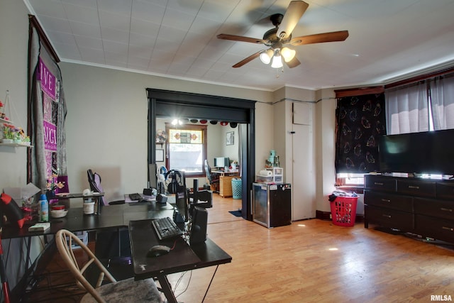 1412 Oak St, Quincy, IL 62301 - home office featuring a ceiling fan, crown molding, and light wood-type flooring