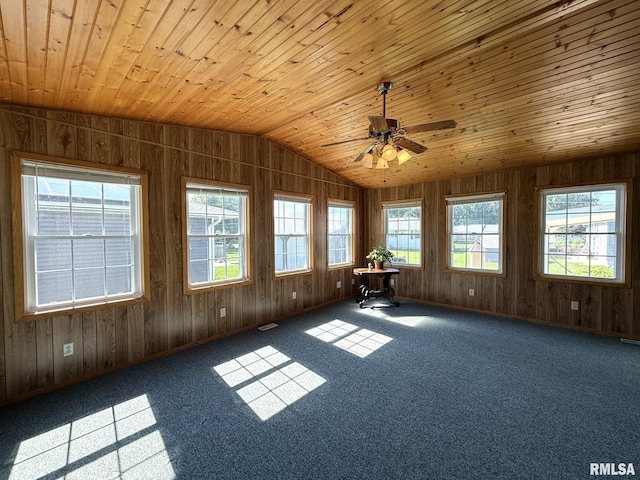 903 N Fearing Ave, Abingdon, IL 61410 - carpeted spare room featuring healthy amount of natural light, wood walls, wooden ceiling, and a ceiling fan