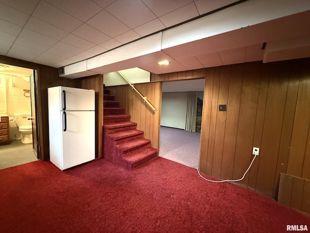 903 N Fearing Ave, Abingdon, IL 61410 - finished basement featuring freestanding refrigerator, carpet, wooden walls, and stairway