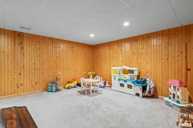 1860 Mayfield Rd, Chatham, IL 62629 - recreation room featuring carpet, wooden walls, and recessed lighting