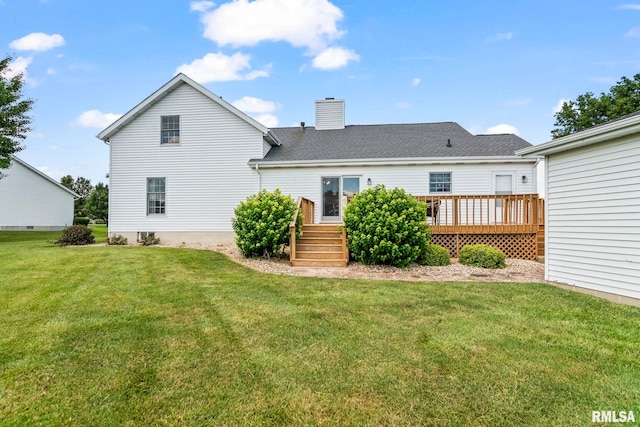 1860 Mayfield Rd, Chatham, IL 62629 - rear view of house with a chimney, a deck, and a lawn