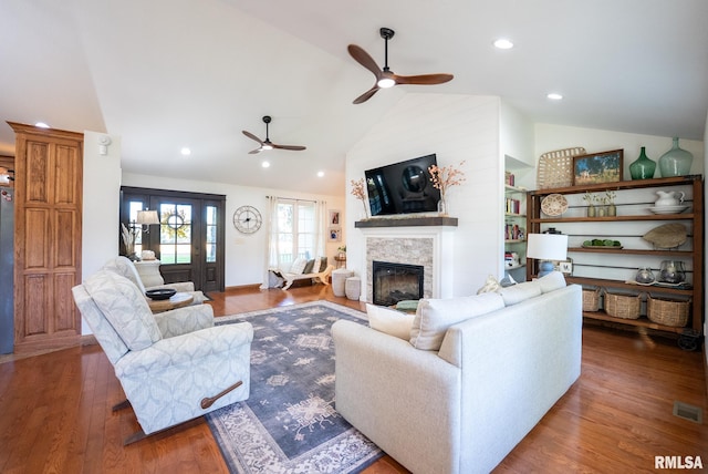 623 Jasper Rd, Centralia, IL 62801 - living area with a ceiling fan, a fireplace, wood finished floors, high vaulted ceiling, and recessed lighting