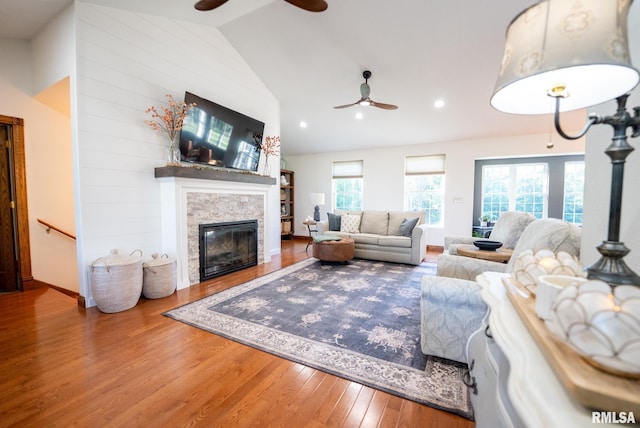 623 Jasper Rd, Centralia, IL 62801 - living room with a ceiling fan, wood finished floors, a fireplace, high vaulted ceiling, and recessed lighting