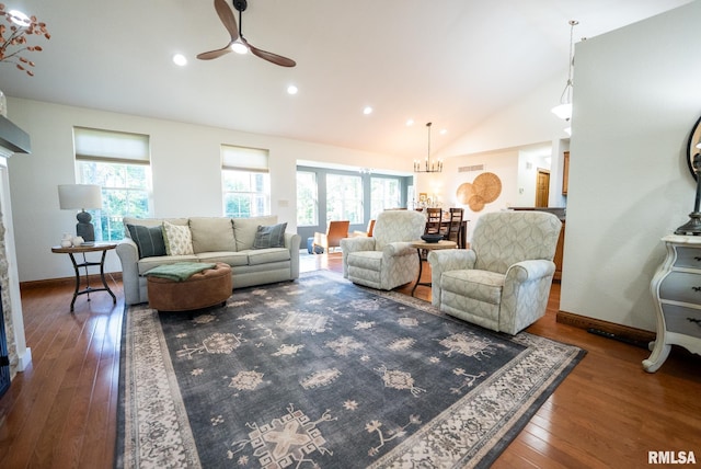 623 Jasper Rd, Centralia, IL 62801 - living room with lofted ceiling, ceiling fan, wood finished floors, a chandelier, and a fireplace