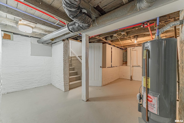 914 Pekin St, Lincoln, IL 62656 - unfinished basement featuring gas water heater, stairs, and electric panel