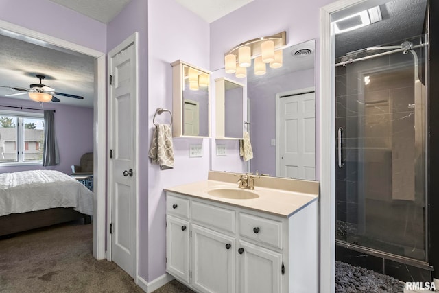 504 Windamere Dr, Sherman, IL 62684 - ensuite bathroom with a shower stall, vanity, ceiling fan, and a textured ceiling