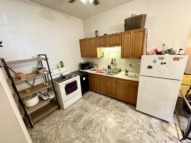 311 Main St, Meredosia, IL 62665 - kitchen featuring white appliances, a ceiling fan, brown cabinetry, and light countertops