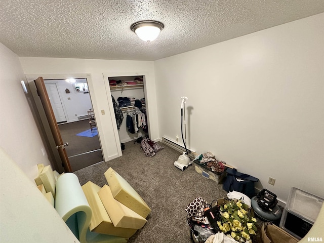 311 Main St, Meredosia, IL 62665 - laundry area featuring a textured ceiling, carpet, and a baseboard radiator