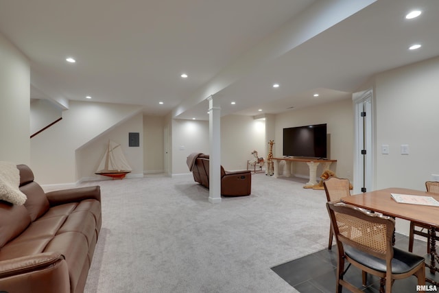 3005 Helens Ct, Quincy, IL 62305 - carpeted living room with recessed lighting, electric panel, and stairs