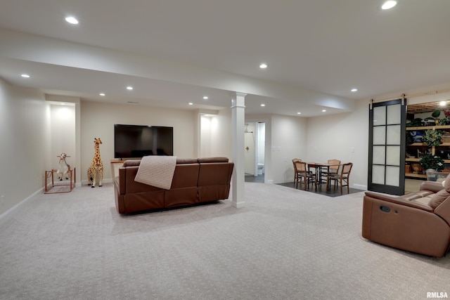 3005 Helens Ct, Quincy, IL 62305 - living area featuring recessed lighting, light carpet, and a barn door