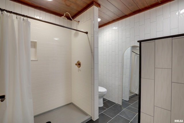 3005 Helens Ct, Quincy, IL 62305 - bathroom featuring wood ceiling, tile walls, tile patterned floors, and a tile shower