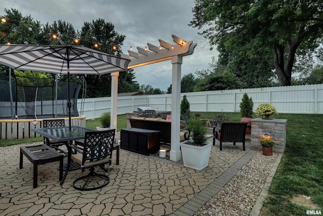 3005 Helens Ct, Quincy, IL 62305 - fenced backyard with a trampoline, outdoor dining area, and a patio area