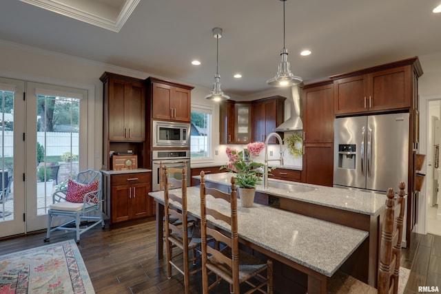 3005 Helens Ct, Quincy, IL 62305 - kitchen featuring appliances with stainless steel finishes, ornamental molding, plenty of natural light, dark wood-style flooring, and recessed lighting