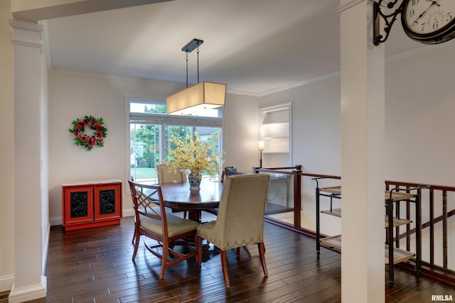 3005 Helens Ct, Quincy, IL 62305 - dining space featuring ornamental molding, dark wood-style floors, and decorative columns
