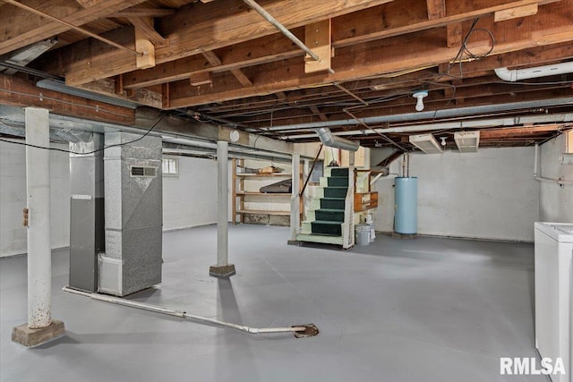 1529 W Reed Ave, Springfield, IL 62704 - unfinished basement featuring water heater, stairs, washer / clothes dryer, and heating unit