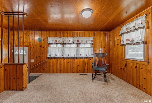 1231 Pulaski St, Lincoln, IL 62656 - living area with carpet flooring, wooden walls, and wood ceiling