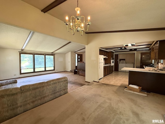 573 Matthews Ct, Oneida, IL 61467 - unfurnished dining area with vaulted ceiling, a chandelier, and light colored carpet