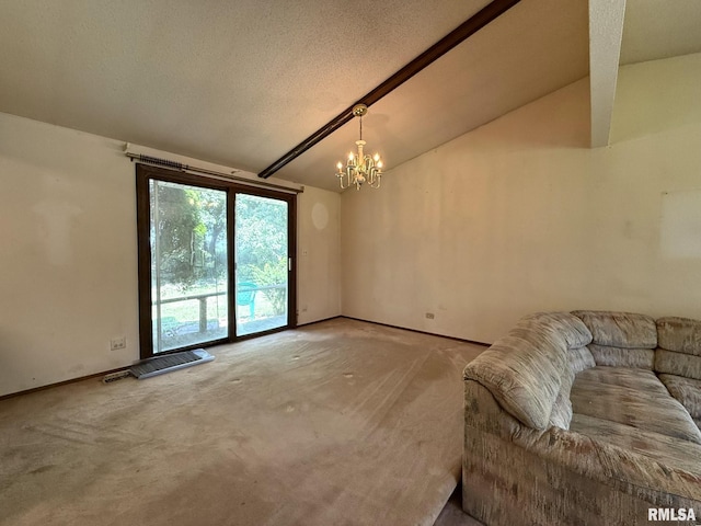 573 Matthews Ct, Oneida, IL 61467 - unfurnished living room featuring carpet, a chandelier, vaulted ceiling, and a textured ceiling