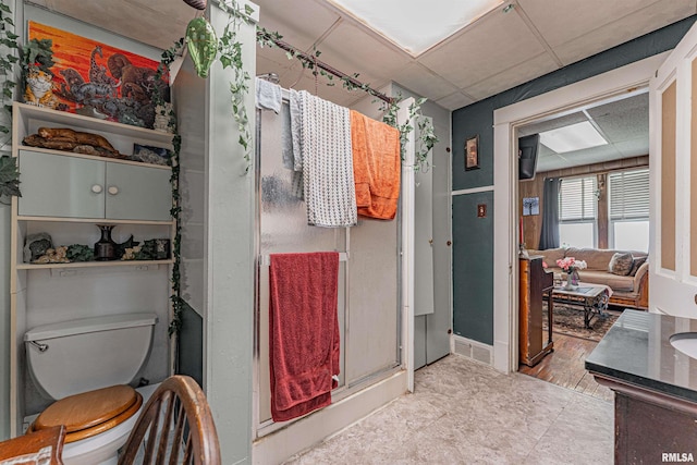 1214 Pekin St, Lincoln, IL 62656 - bathroom featuring a drop ceiling and a stall shower