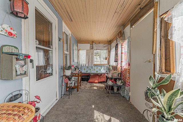 1214 Pekin St, Lincoln, IL 62656 - sunroom featuring wooden ceiling and carpet floors