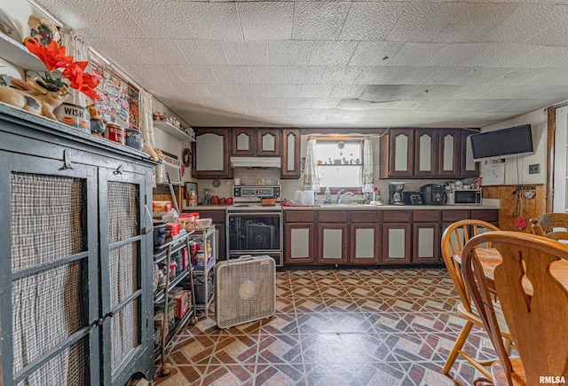 1214 Pekin St, Lincoln, IL 62656 - kitchen with range with electric cooktop, stainless steel microwave, under cabinet range hood, light countertops, and stone finish floors