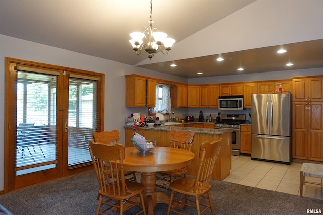 1156 Russell Ave, Galesburg, IL 61401 - dining space with vaulted ceiling, a chandelier, recessed lighting, and light tile patterned floors