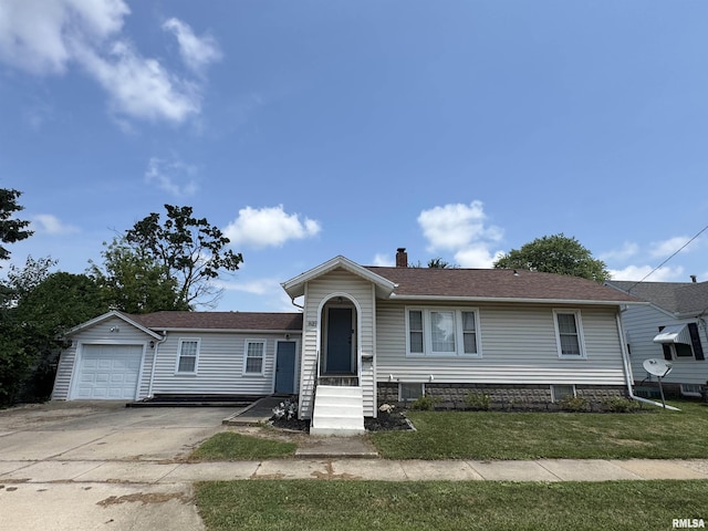 839 E Fremont St, Galesburg, IL 61401 - ranch-style home with a chimney, driveway, a front lawn, and roof with shingles