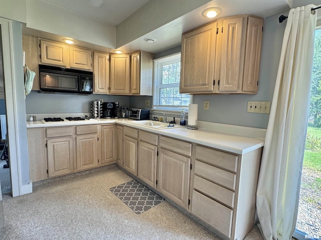 839 E Fremont St, Galesburg, IL 61401 - kitchen with black microwave, light brown cabinetry, light countertops, and white stovetop