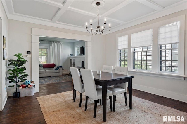 1424 S Lowell Ave, Springfield, IL 62704 - dining room with coffered ceiling, plenty of natural light, wood finished floors, a chandelier, and beam ceiling