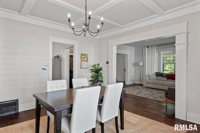 1424 S Lowell Ave, Springfield, IL 62704 - dining area featuring coffered ceiling, wood finished floors, a chandelier, decorative columns, and beamed ceiling