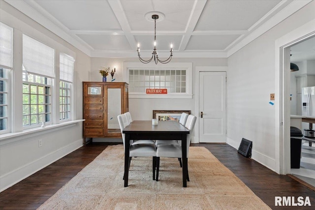 1424 S Lowell Ave, Springfield, IL 62704 - dining room featuring a chandelier, dark wood-style flooring, coffered ceiling, and beam ceiling