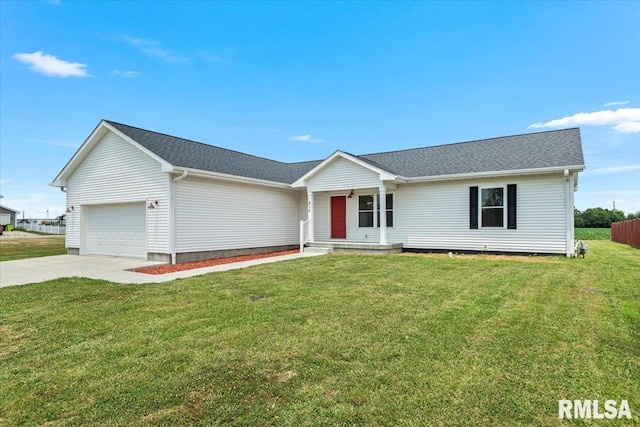 210 Prairie Run, Illiopolis, IL 62539 - ranch-style house featuring an attached garage, driveway, a front yard, and a porch