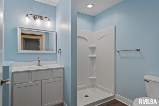 210 Prairie Run, Illiopolis, IL 62539 - full bathroom featuring a stall shower, vanity, and wood finished floors