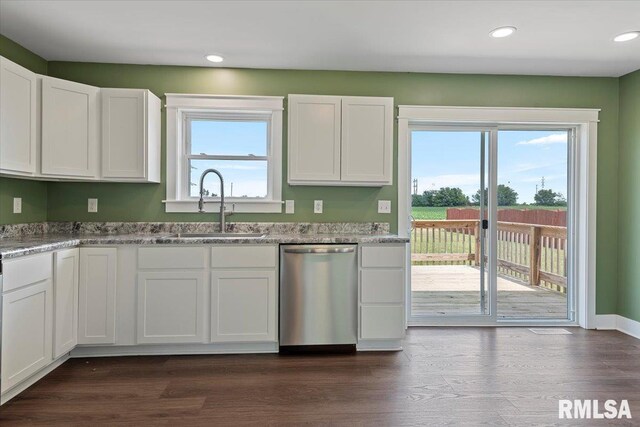 210 Prairie Run, Illiopolis, IL 62539 - kitchen with dishwasher, white cabinets, recessed lighting, dark wood-type flooring, and light stone counters