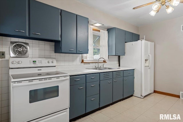 2912 E Enos Ave, Springfield, IL 62702 - kitchen featuring white appliances, light countertops, backsplash, and a ceiling fan