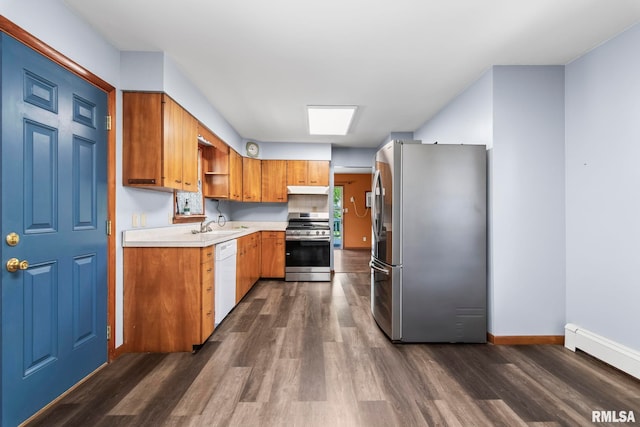 113 W Walnut St, Chatham, IL 62629 - kitchen featuring stainless steel appliances, dark wood-style floors, a baseboard radiator, open shelves, and light countertops