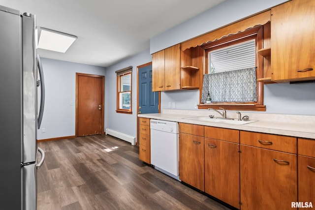 113 W Walnut St, Chatham, IL 62629 - kitchen featuring dishwasher, freestanding refrigerator, a baseboard radiator, open shelves, and light countertops