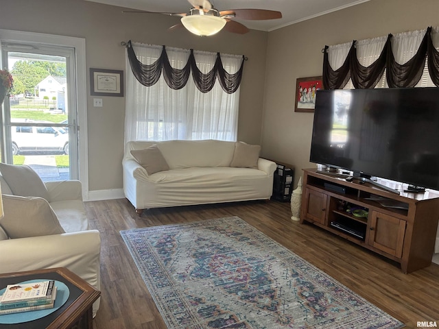 700 S 20th St, Quincy, IL 62301 - living area featuring ceiling fan, wood finished floors, and ornamental molding