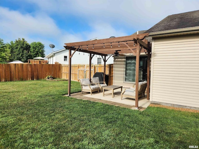 2302 Knoxville Dr, Springfield, IL 62711 - fenced backyard with a pergola, ceiling fan, and a patio area