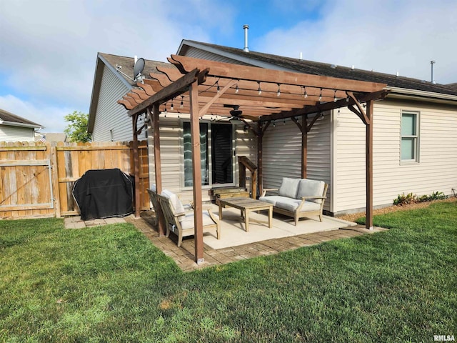 2302 Knoxville Dr, Springfield, IL 62711 - back of house featuring a pergola, a ceiling fan, an outdoor living space, a patio area, and a gate