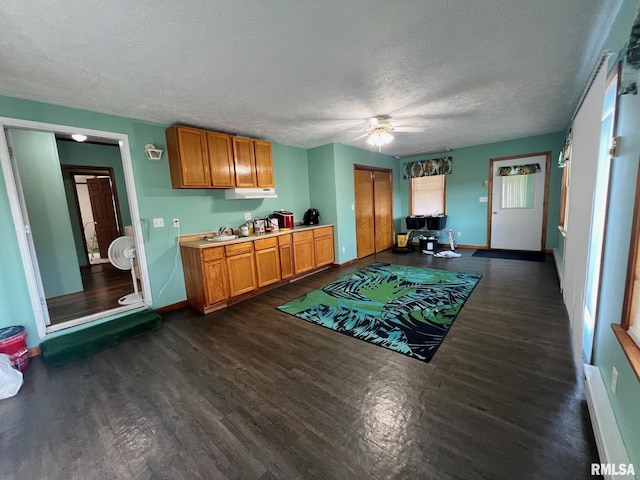 517 S Obannon St, Raymond, IL 62560 - bar area featuring dark wood finished floors, a ceiling fan, and a textured ceiling