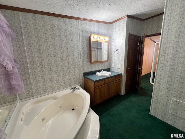 517 S Obannon St, Raymond, IL 62560 - bathroom with crown molding, a whirlpool tub, vanity, and a textured ceiling